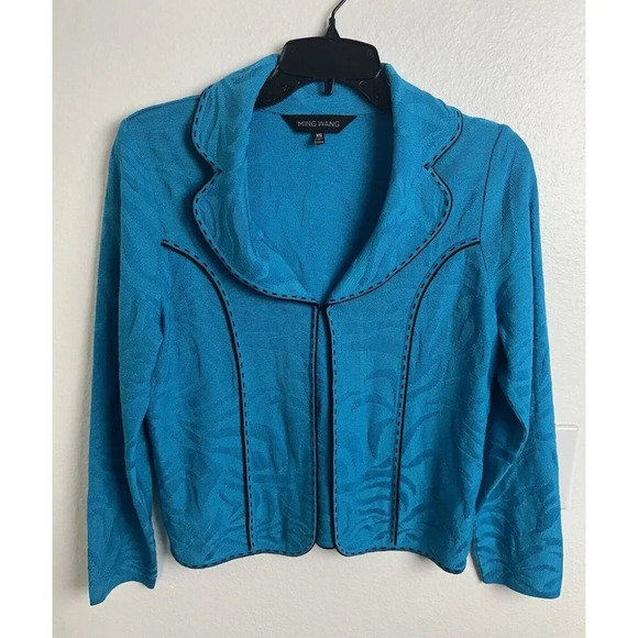 Ming Wang Women's Long Sleeve  Blue Collared Sweater Blazer Size XS Open Front - Picture 2 of 16